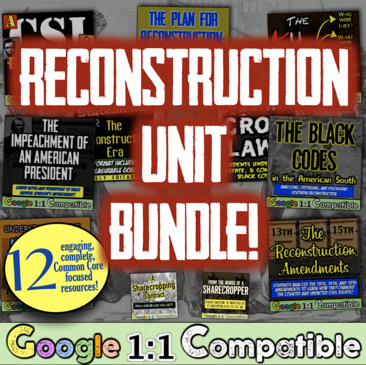 Reconstruction Era Unit: Worksheets, Activities, Black Codes, Jim Crow Laws