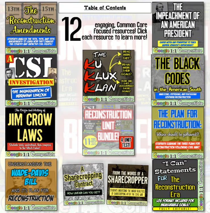Reconstruction Era Unit: Worksheets, Activities, Black Codes, Jim Crow Laws