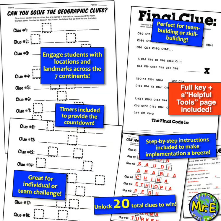 World Geography Escape Room Crack the Code 20 Country Clues Activity