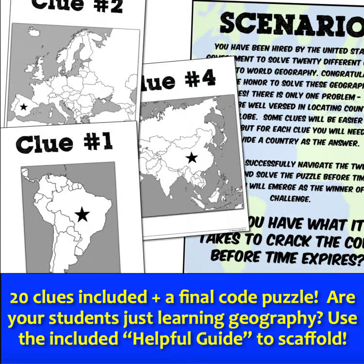 World Geography Escape Room Crack the Code 20 Country Clues Activity