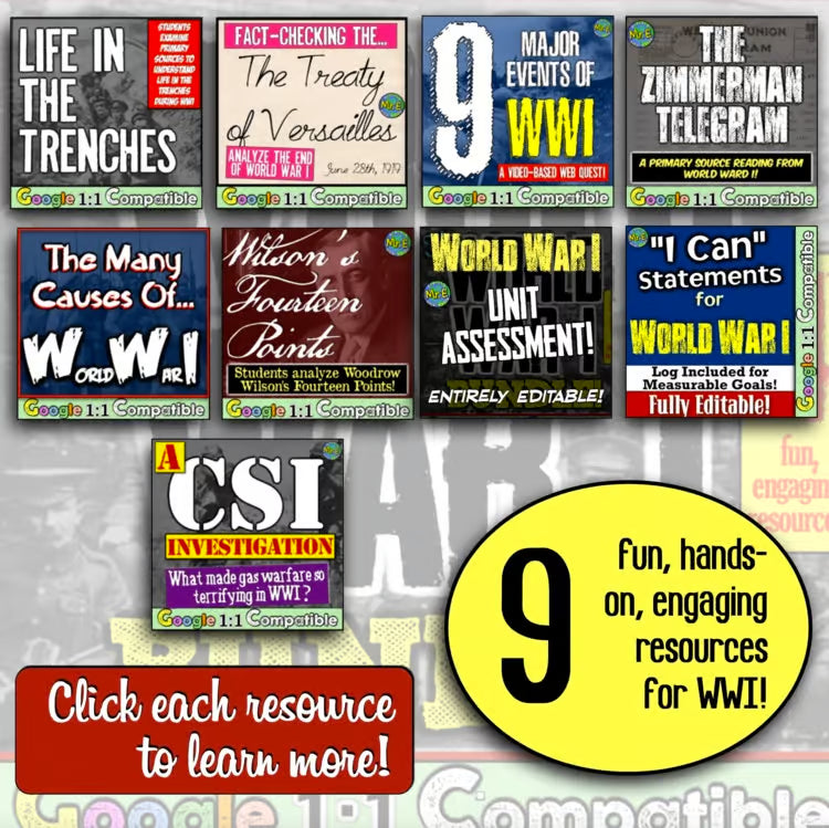 World War 1 WWI Unit: Activities, Maps, Projects, Worksheets, Trench Gas Warfare