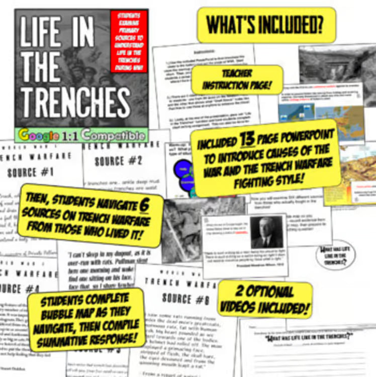 World War 1 WWI Unit: Activities, Maps, Projects, Worksheets, Trench Gas Warfare