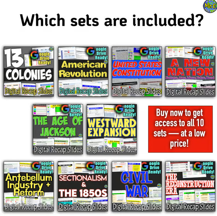 American History Digital Activity Homework Slides - 10 US History Units