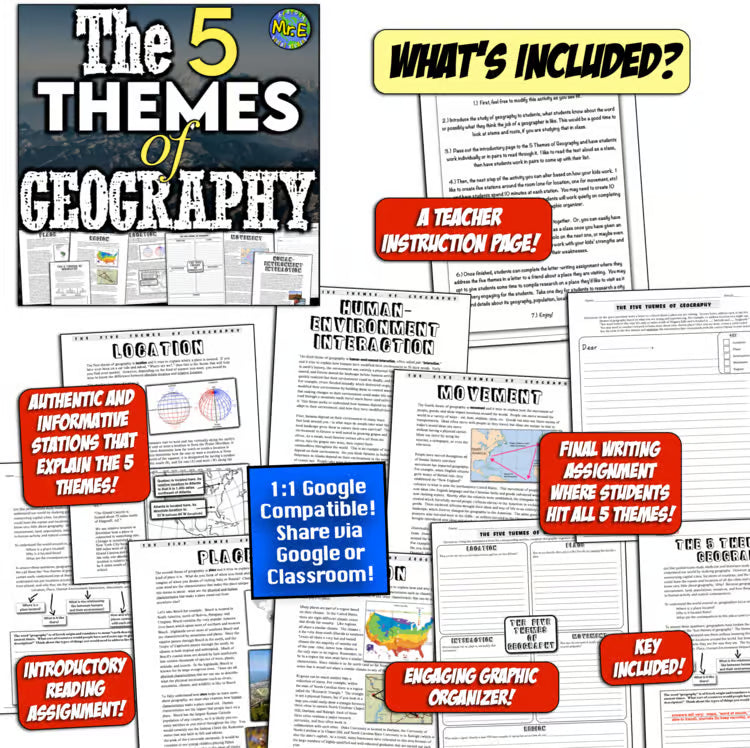 5 Themes of Geography Activity Five Geography Stations Worksheet Social Studies