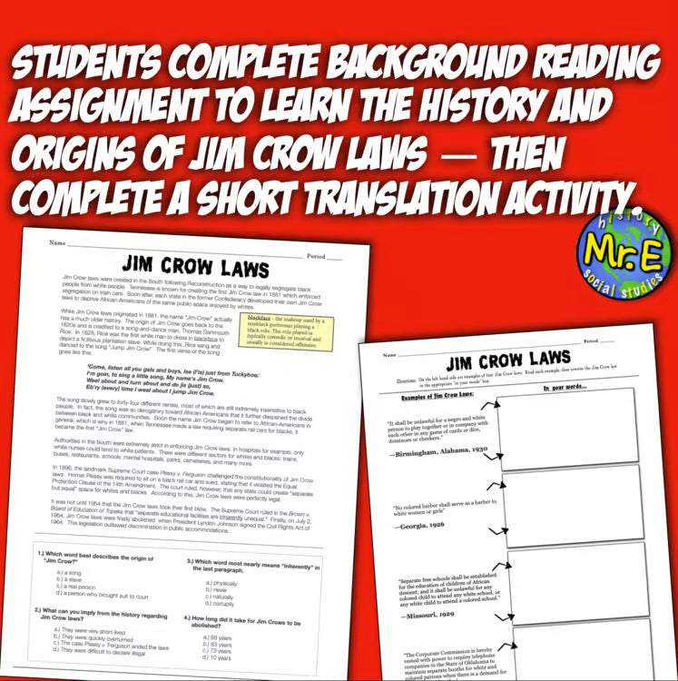 Jim Crow Laws Reconstruction Era: Reading Activity and Primary Source Analysis