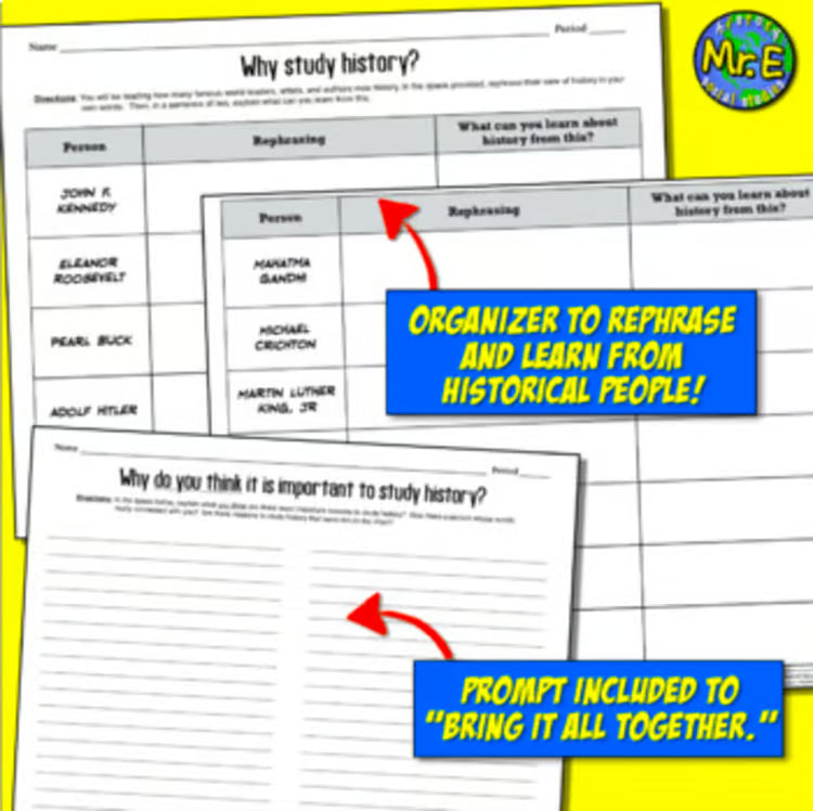 Why Study History Back to School Activity Social Studies American World History