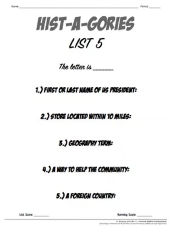 Histagories Review Back to School Activity Social Studies American World History