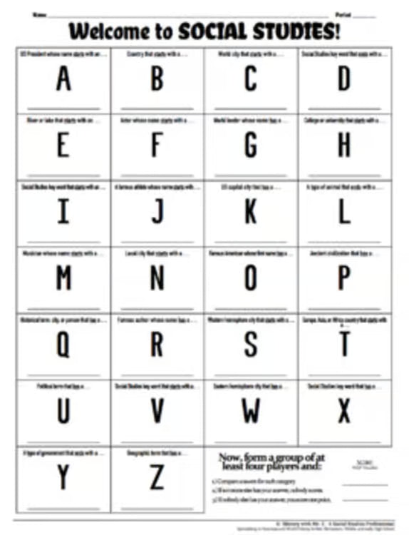 Social Studies Back to School Activity for World and American History