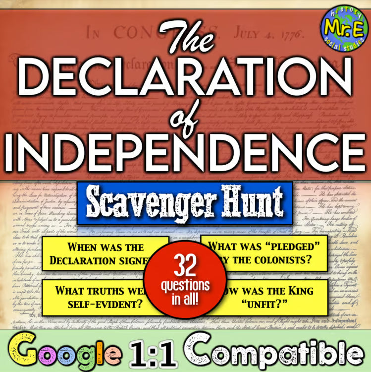 Declaration of Independence American Revolution Scavenger Hunt Worksheet Lesson