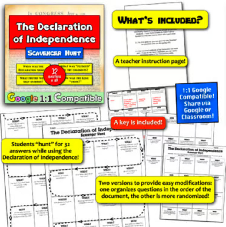 Declaration of Independence American Revolution Scavenger Hunt Worksheet Lesson