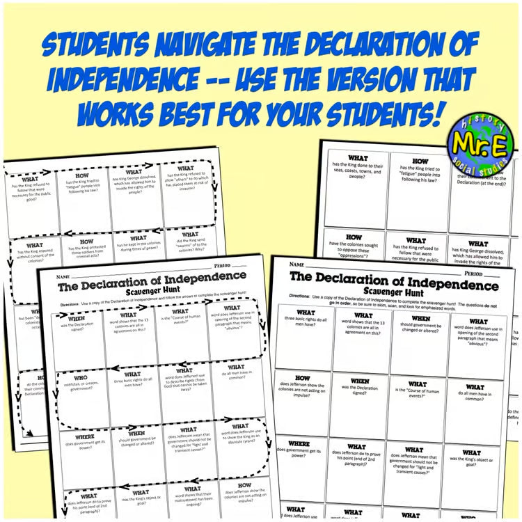 Declaration of Independence American Revolution Scavenger Hunt Worksheet Lesson
