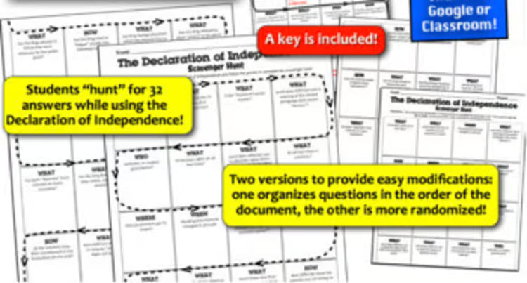Declaration of Independence American Revolution Scavenger Hunt Worksheet Lesson