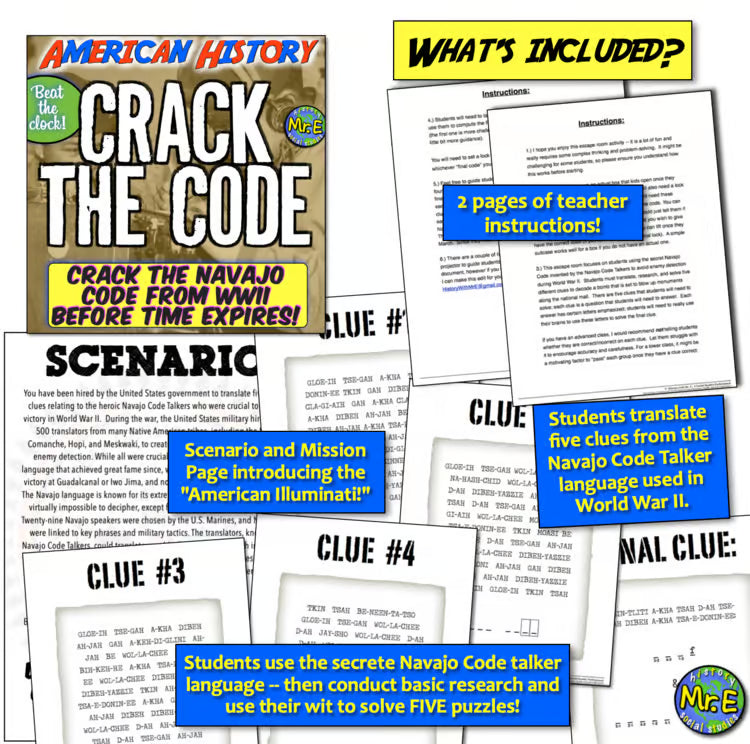 Navajo Code Talker World War 2 Escape Room Challenge Activity