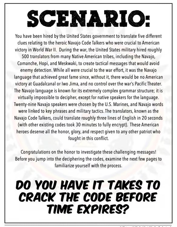 Navajo Code Talker World War 2 Escape Room Challenge Activity
