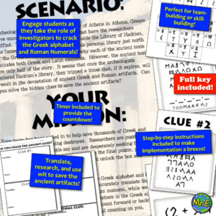 Ancient Greece Escape Room | Crack Greek Phoenician Alphabet+ Roman Numerals