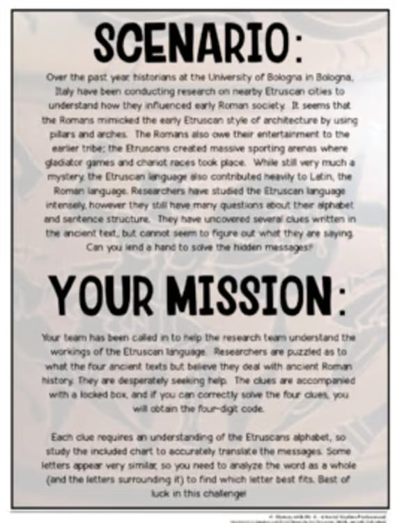 Ancient Rome and Roman Empire Etruscan Escape Room Student Project Activity