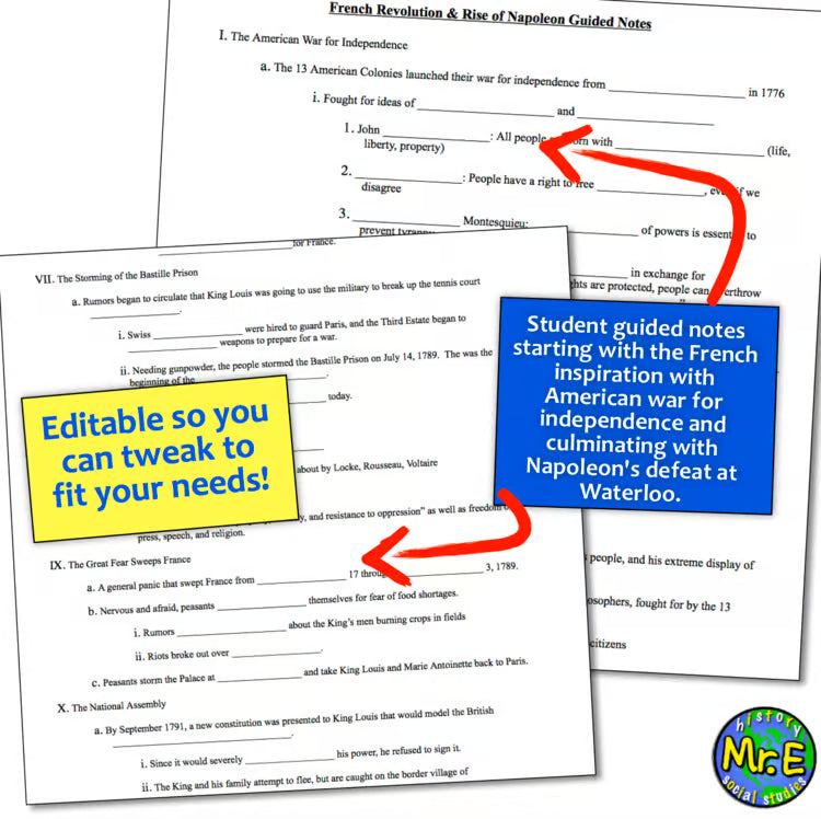 French Revolution Guided Notes and Unit PowerPoint PLUS Teacher Guide