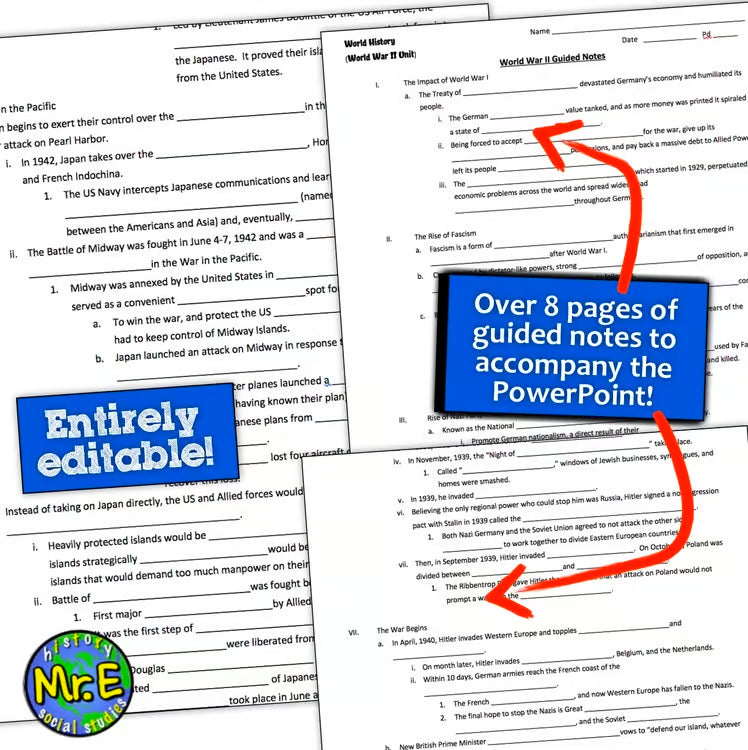 World War 2 WW2 Guided Notes and Unit PowerPoint PLUS Teacher Guide