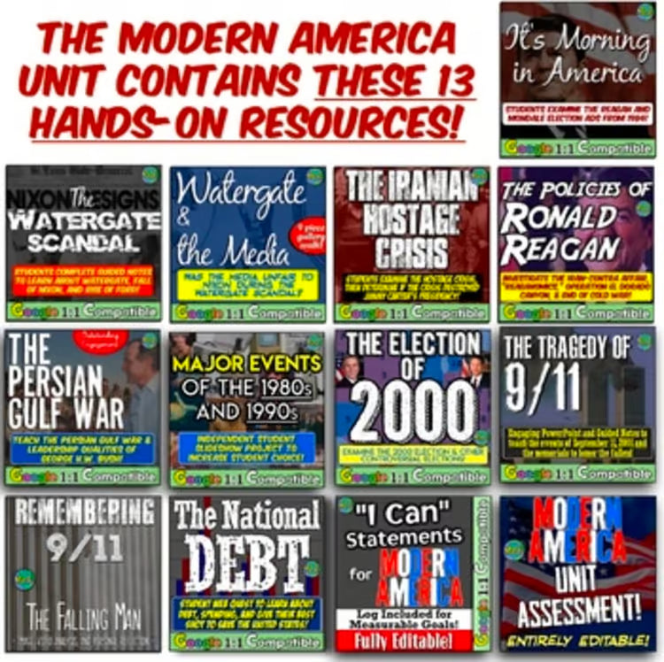 Modern America Unit: Activities, Worksheets, 9/11, Watergate, Ronald Reagan