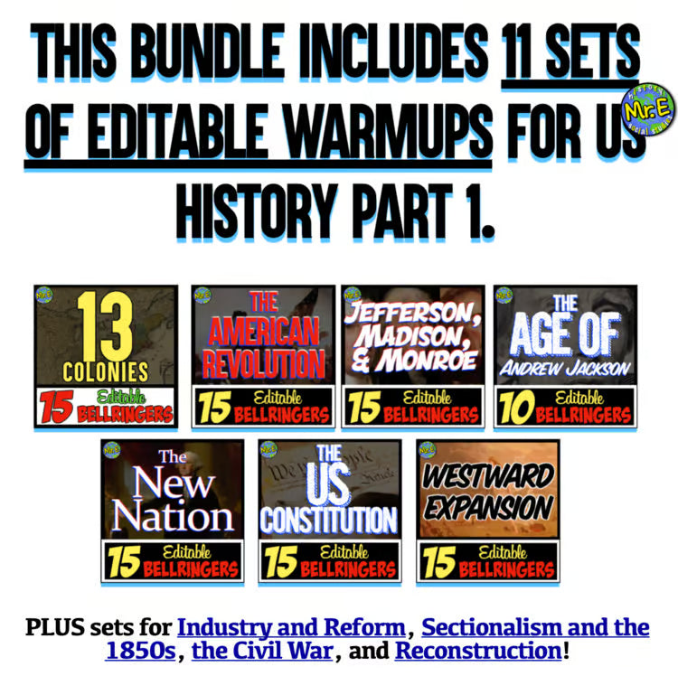 American US History Warmups Bellringers Activities: US History Part 1 Warmups