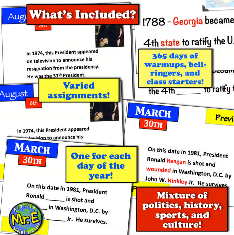 American US History Bellringers and Warmups On this Day in History 365 Day Set
