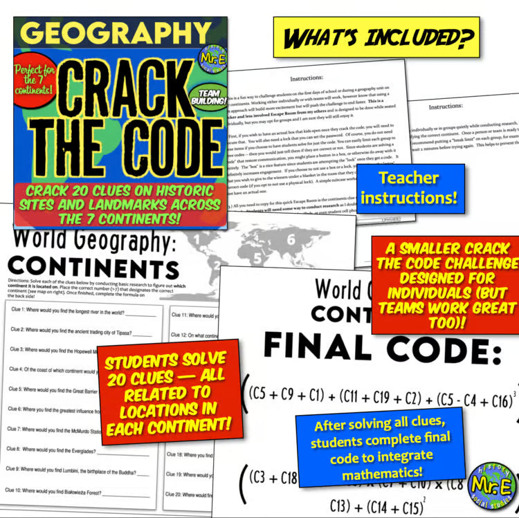 World Geography Escape Room | 20 Clues on Continents, Landmarks, Historic Sites