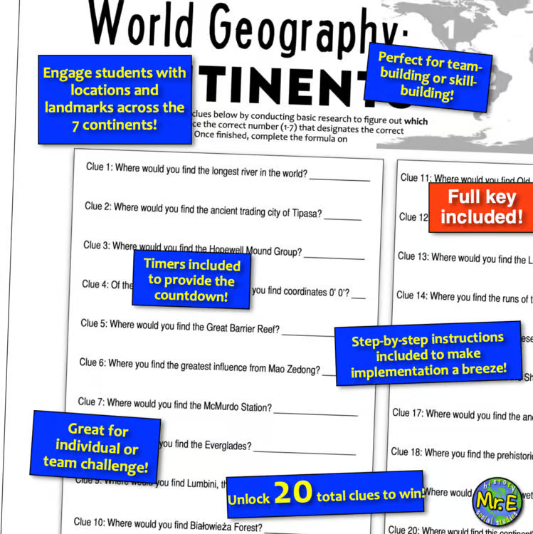 World Geography Escape Room | 20 Clues on Continents, Landmarks, Historic Sites
