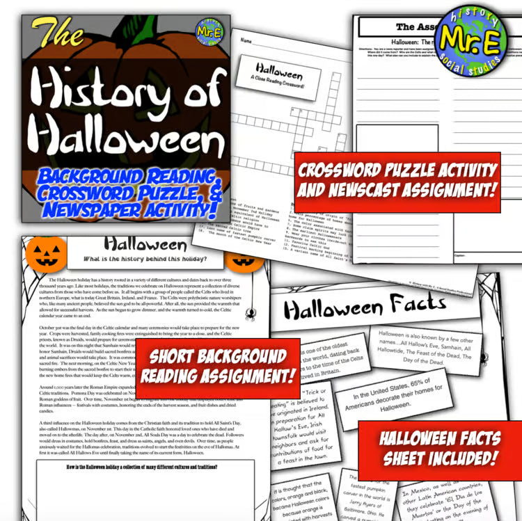 History of Halloween Lesson Student Reading Worksheet Crossword Puzzle Activity