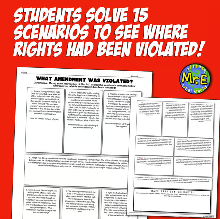 Bill of Rights and Constitutional Amendment Scenario Activity Worksheet